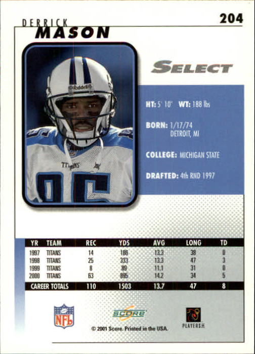 2001 Select #204 Derrick Mason back image