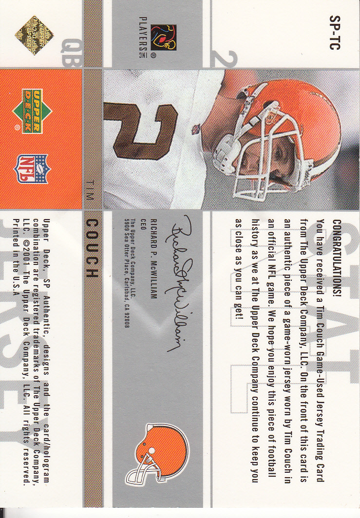 2001 SP Authentic Stat Jerseys #SPTC Tim Couch/1483 back image