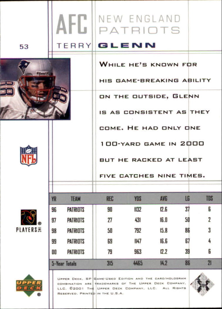 2001 SP Game Used Edition #53 Terry Glenn back image