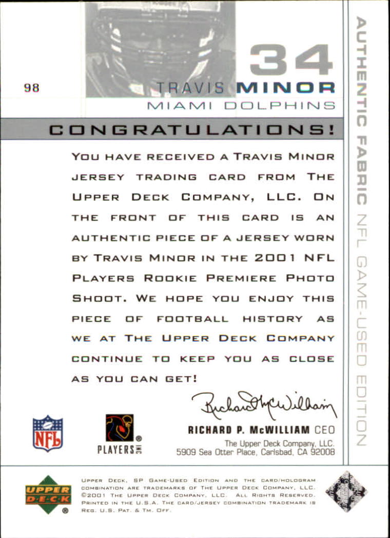 2001 SP Game Used Edition #98 Travis Minor JSY RC back image