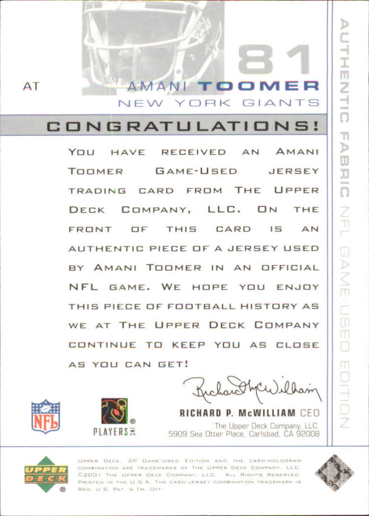2001 SP Game Used Edition Authentic Fabric #AT Amani Toomer back image
