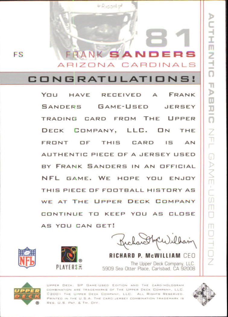 2001 SP Game Used Edition Authentic Fabric #FS Frank Sanders back image
