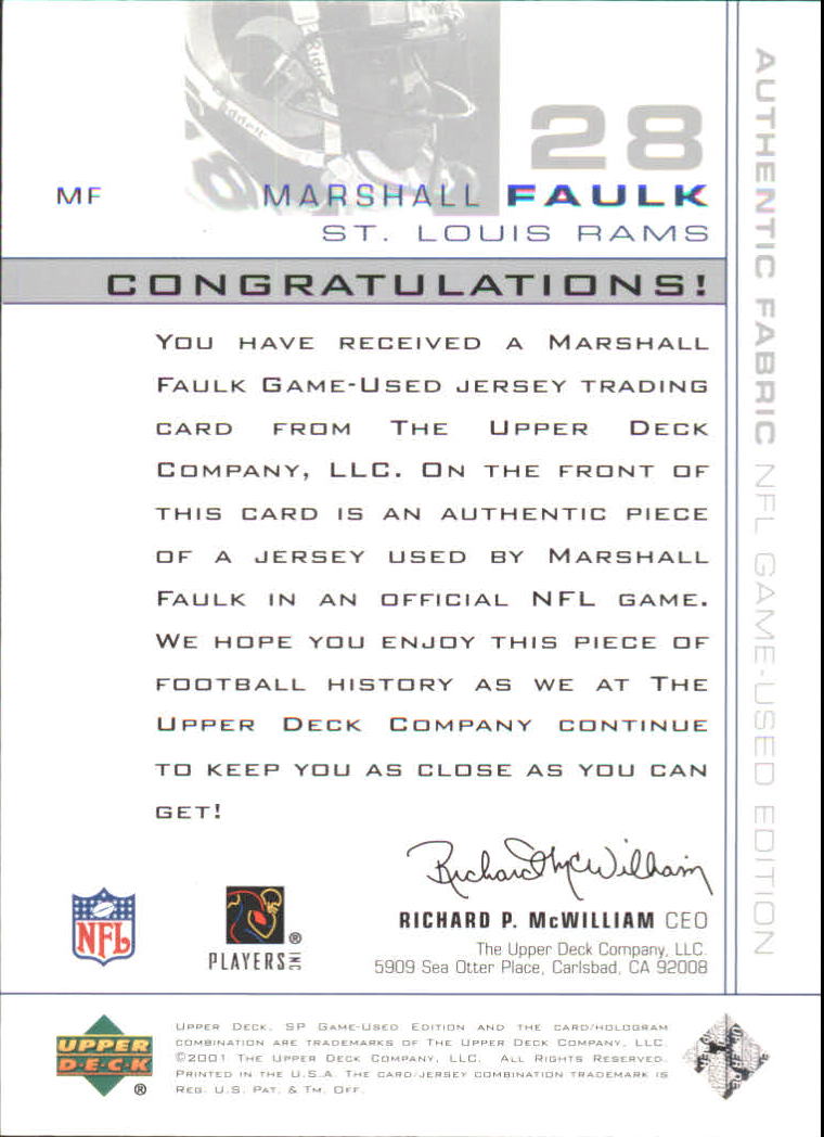 2001 SP Game Used Edition Authentic Fabric #MF Marshall Faulk back image