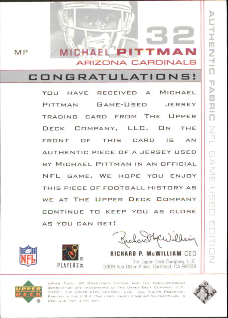 2001 SP Game Used Edition Authentic Fabric #MP Michael Pittman back image