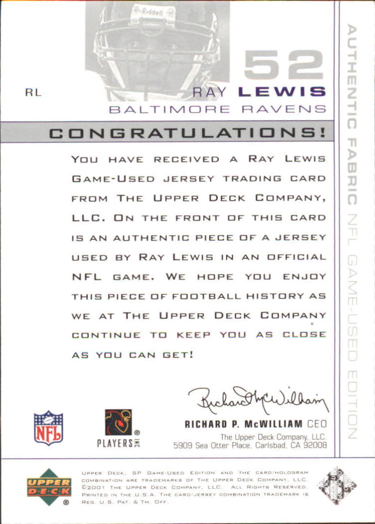 2001 SP Game Used Edition Authentic Fabric #RL Ray Lewis - NM-MT