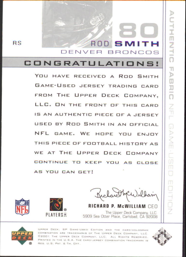 2001 SP Game Used Edition Authentic Fabric #RS Rod Smith back image