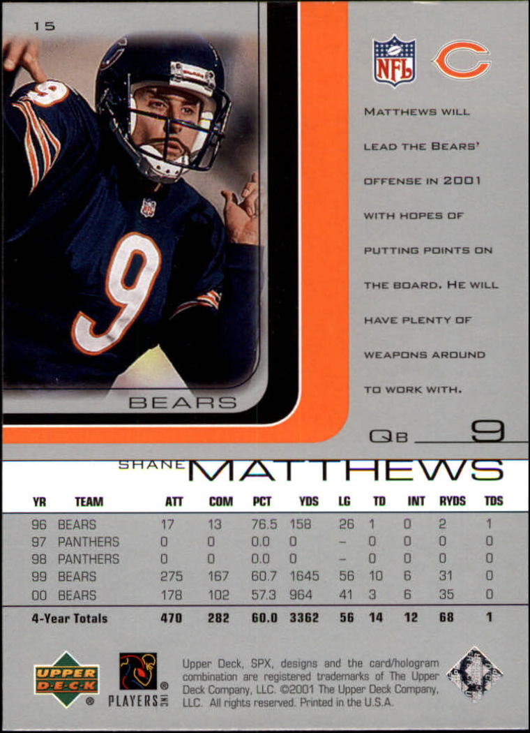 2001 SPx #15 Shane Matthews back image