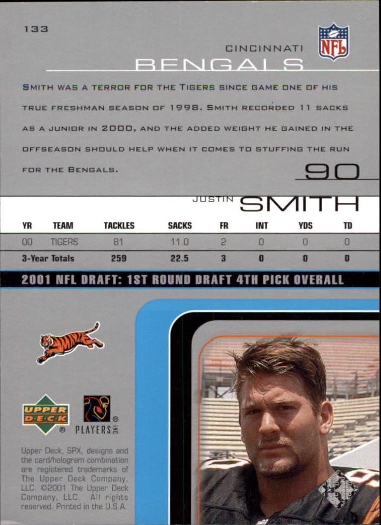 2001 SPx #133B Justin Smith/999 RC back image