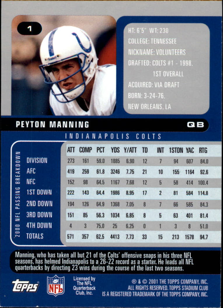 2001 Stadium Club #1 Peyton Manning back image