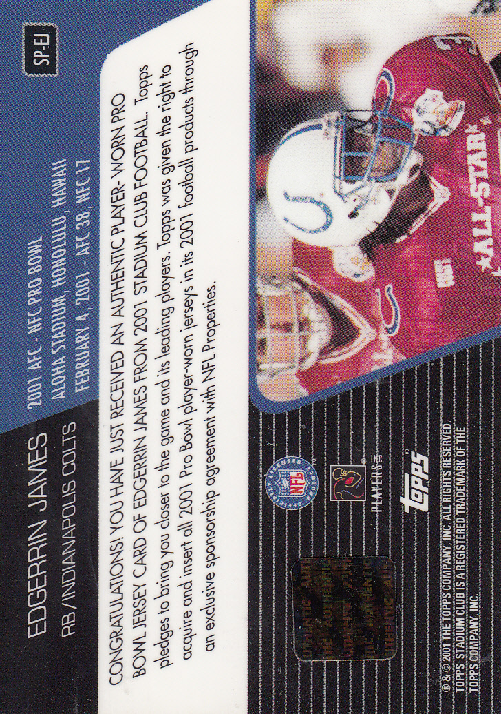 2001 Stadium Club Pro Bowl Jerseys #SPEJ Edgerrin James back image