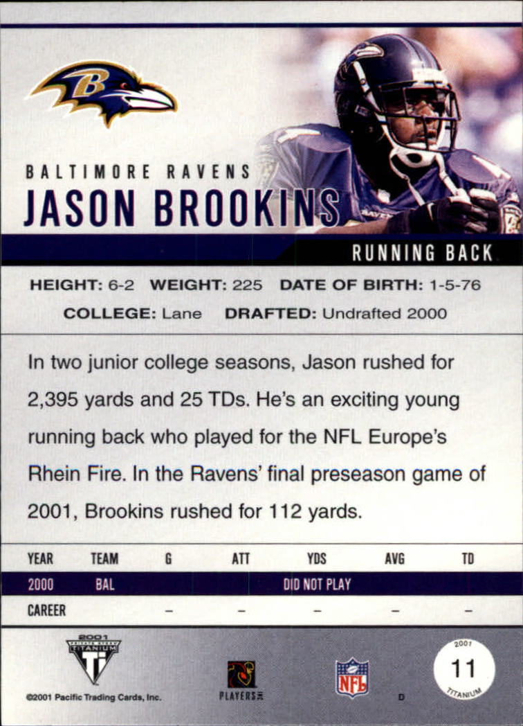 2001 Titanium #11 Jason Brookins UER RC/(Chad Pennington wrongback,/card number on back is #93) back image