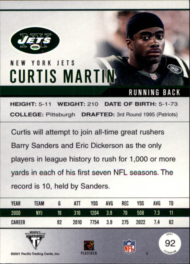 2001 Titanium #92 Curtis Martin back image
