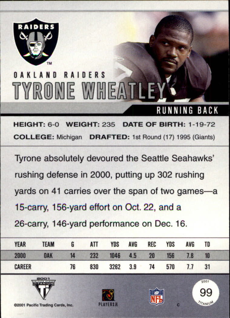2001 Titanium #99 Tyrone Wheatley back image