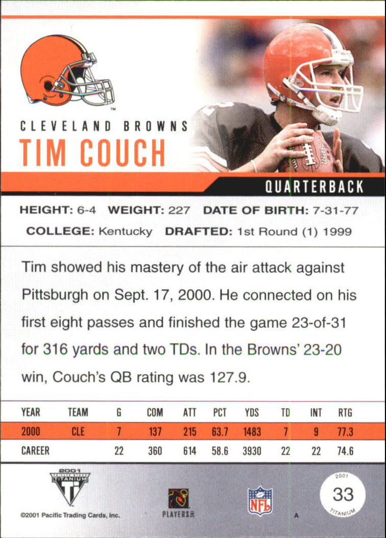 2001 Titanium Retail #33 Tim Couch back image