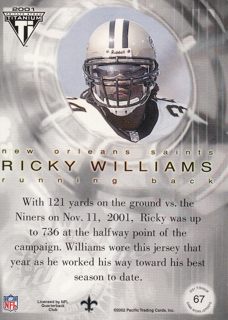 2001 Titanium Post Season Jersey Patches #67 Ricky Williams/104 back image