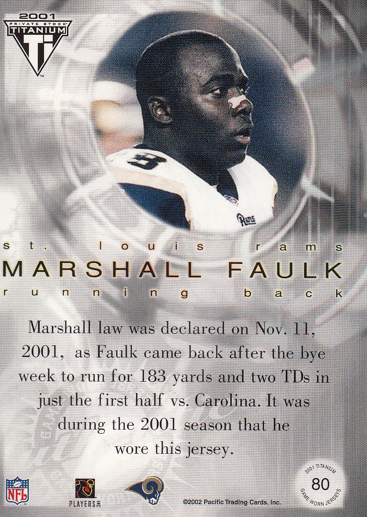 2001 Titanium Post Season Jersey Patches #80 Marshall Faulk/84 back image