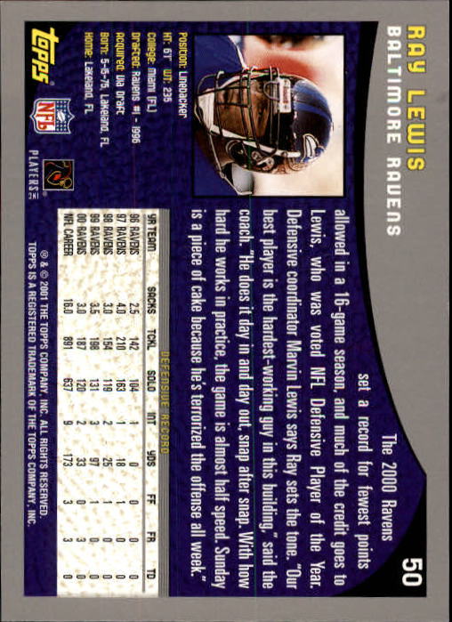 2001 Topps #50 Ray Lewis back image
