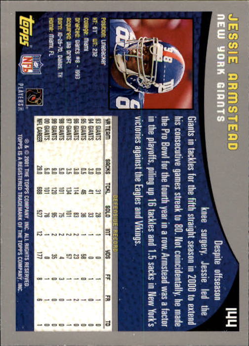 2001 Topps #144 Jessie Armstead back image