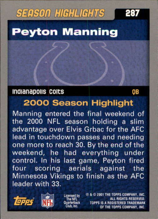 2001 Topps #287 Peyton Manning LL back image