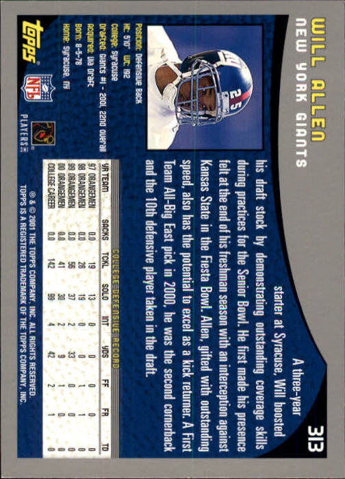 2001 Topps #313 Will Allen RC back image