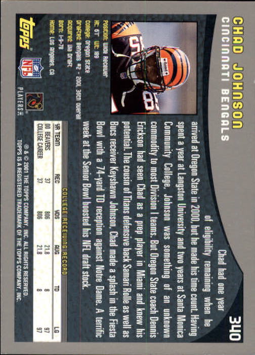 2001 Topps #340 Chad Johnson RC back image
