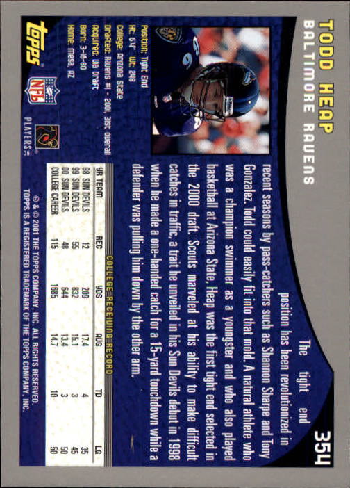 2001 Topps #354 Todd Heap RC back image