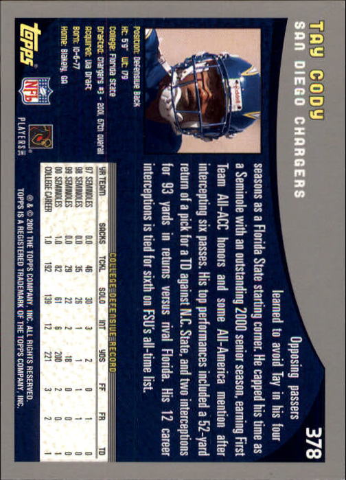 2001 Topps #378 Tay Cody RC back image