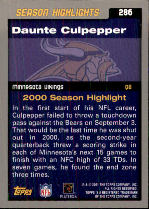 2001 Topps Collection #286 Daunte Culpepper LL back image