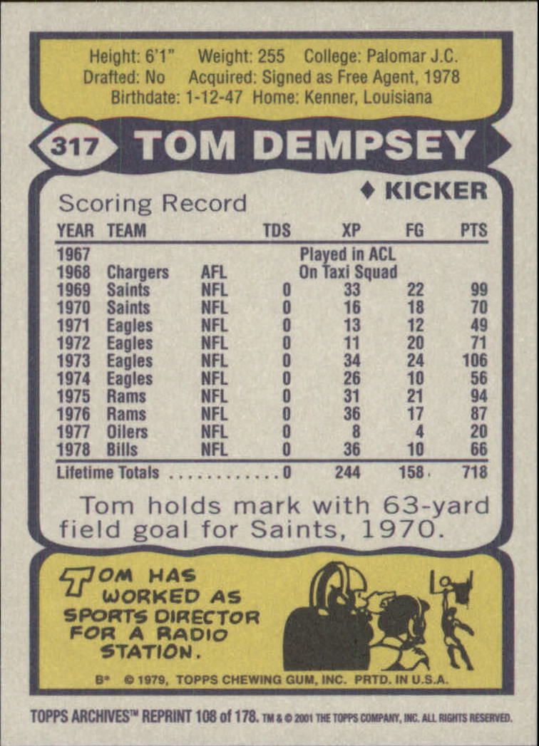 2001 Topps Archives #108 Tom Dempsey 79 back image