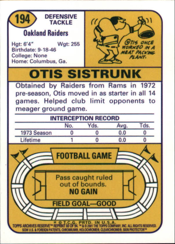 2001 Topps Archives Reserve #60 Otis Sistrunk 74 back image