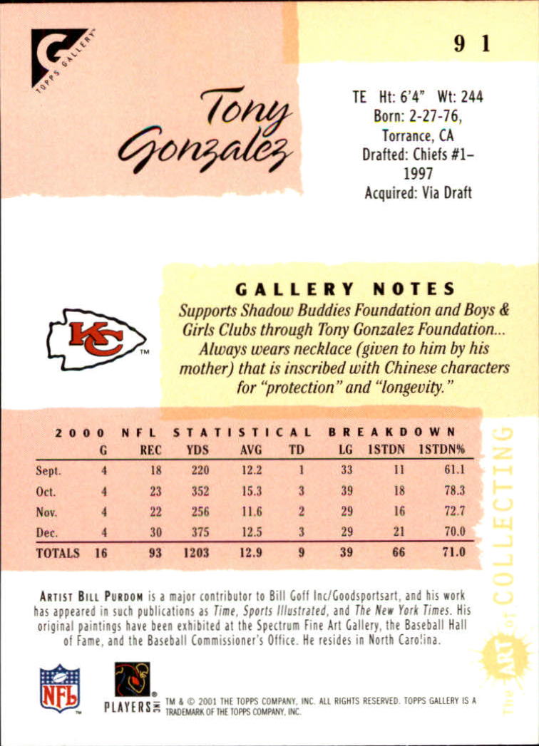 2001 Topps Gallery #91 Tony Gonzalez back image