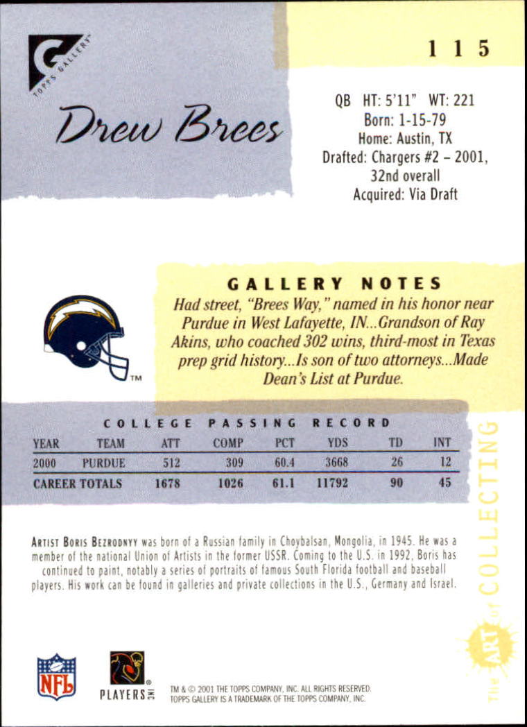 2001 Topps Gallery #115 Drew Brees RC back image