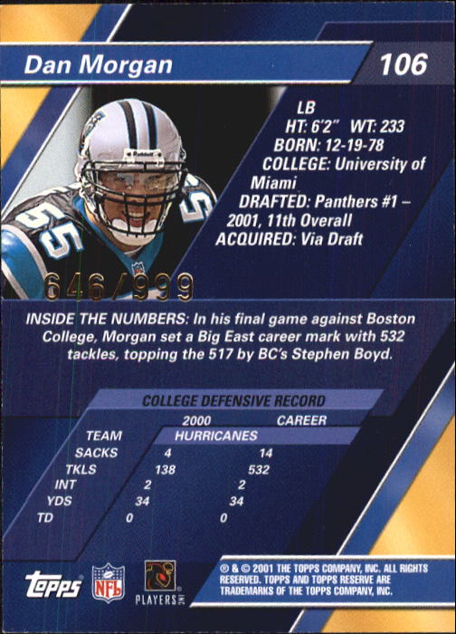 2001 Topps Reserve Football Cards - Picture 85 of 91