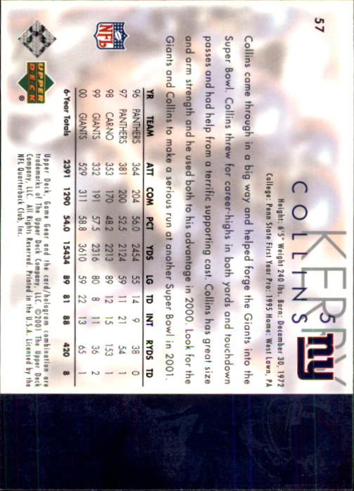 2001 UD Game Gear #57 Kerry Collins back image