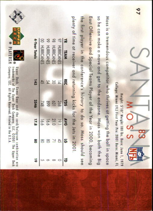 2001 UD Game Gear #97 Santana Moss RC back image