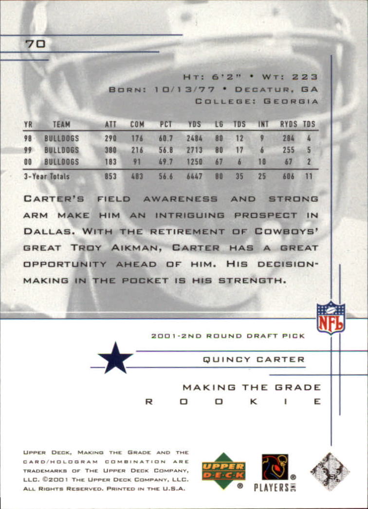 2001 UD Graded #70 Quincy Carter Action RC back image