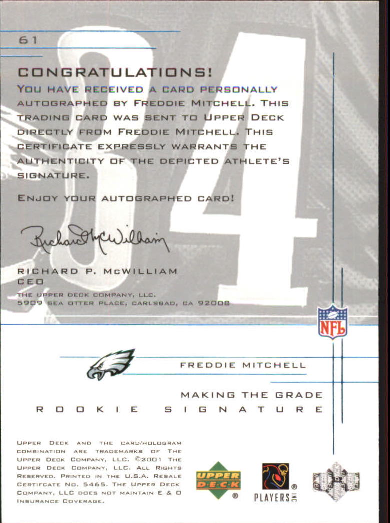 2001 UD Graded Rookie Autographs #61 Freddie Mitchell/750 back image