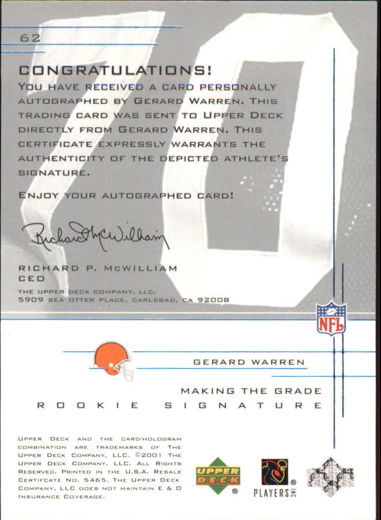 2001 UD Graded Rookie Autographs #62 Gerard Warren/750 back image