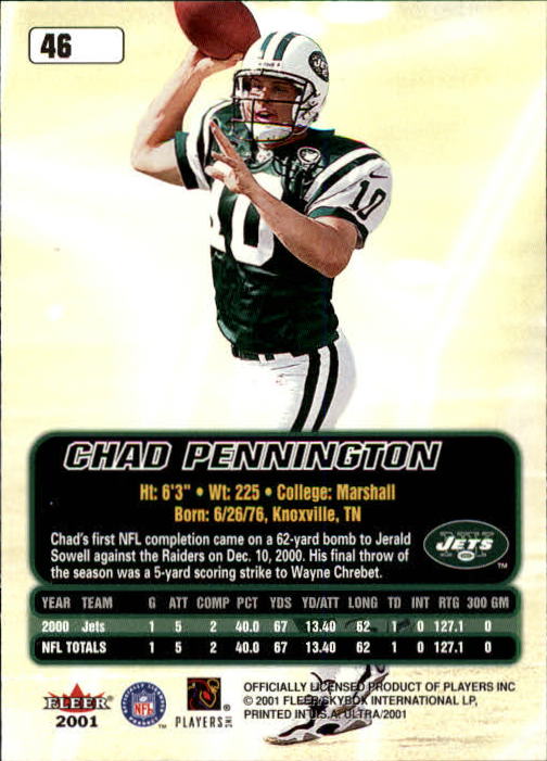 2001 Ultra #46 Chad Pennington back image