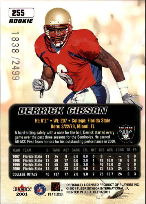 2001 Ultra #255 Derrick Gibson RC back image