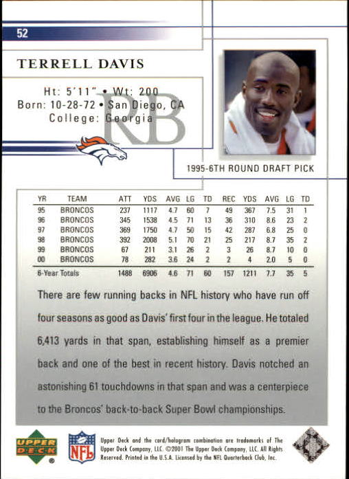 2001 Upper Deck Football "Main Set" Cards - Picture 97 of 361