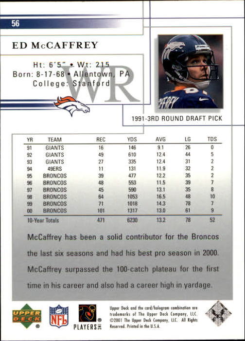 2001 Upper Deck Football "Main Set" Cards - Picture 105 of 361