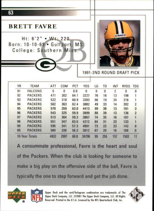 2001 Upper Deck Football "Main Set" Cards - Picture 119 of 361