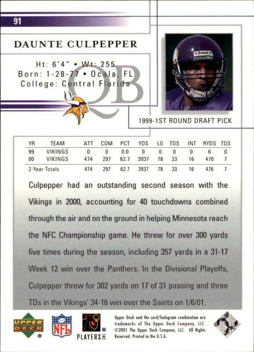 2001 Upper Deck Football "Main Set" Cards - Picture 171 of 361