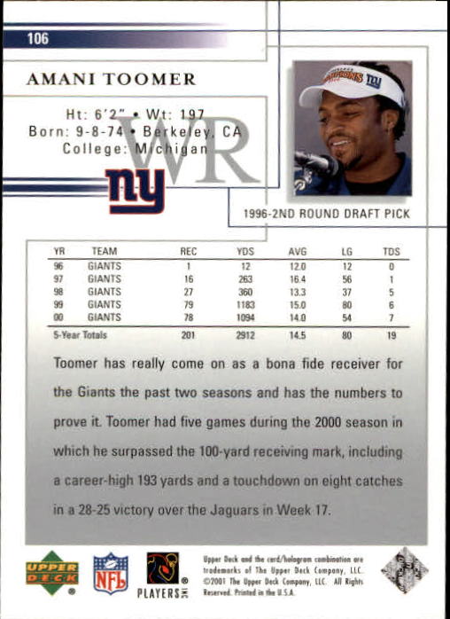 2001 Upper Deck Football "Main Set" Cards - Picture 197 of 361