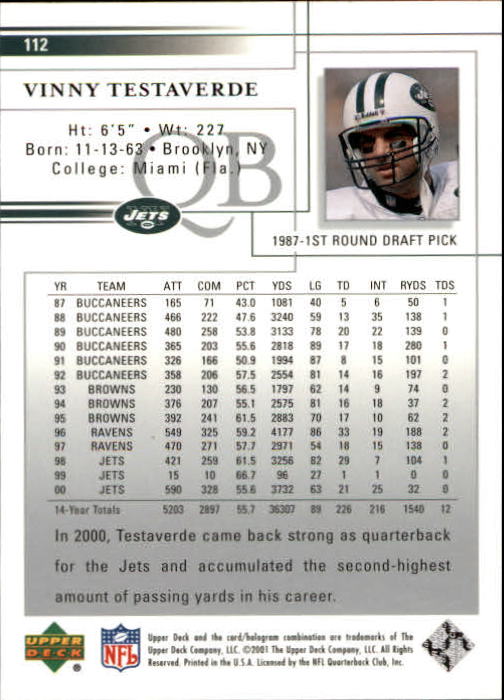 2001 Upper Deck Football "Main Set" Cards - Picture 207 of 361