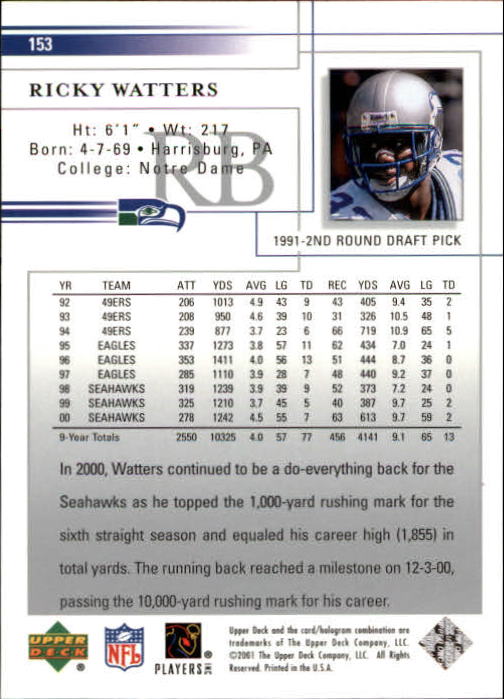 2001 Upper Deck Football "Main Set" Cards - Picture 287 of 361