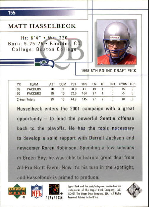 2001 Upper Deck Football "Main Set" Cards - Picture 291 of 361