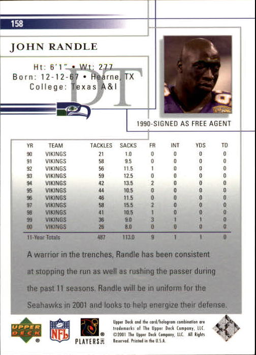 2001 Upper Deck Football "Main Set" Cards - Picture 297 of 361
