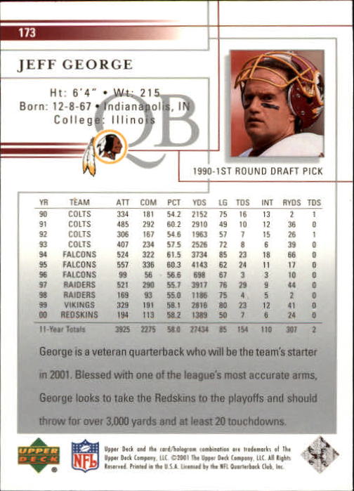 2001 Upper Deck Football "Main Set" Cards - Picture 325 of 361